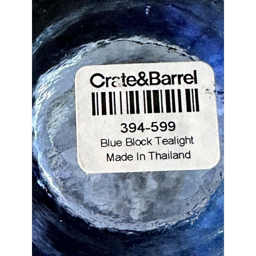 Crate And Barrel Blue Block Glass Tea light Votives Candles X 2 Round.